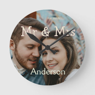 Horloge Ronde photo de noël couple marié nom mr & mrs yello