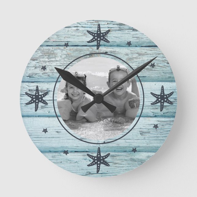 Horloge Ronde Photo Distressed Blue Beach Wood Starfish (Recto)