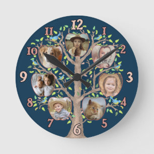 Horloge Ronde Photo Family Tree 7 Custom Pics Dark Blue