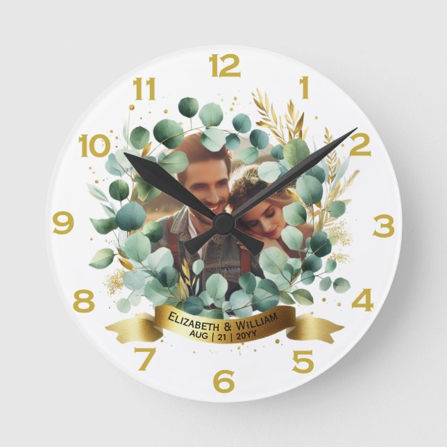 Horloge Ronde PHOTO Mariage Merci Eucalyptus Feuille Cadeau (Recto)