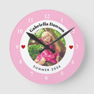 Horloge Ronde Photo personnalisée en Bébé rose blanc Cercle coeu