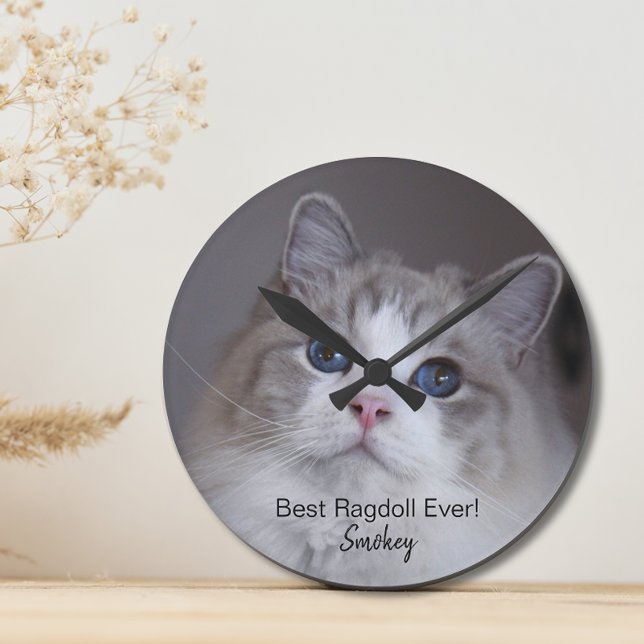 Horloge Ronde Photo Personnalisée Pour Animaux De Compagnie Meil (Add pet photo, name and text to personalize)