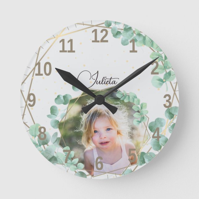 Horloge Ronde Photo personnalisée + Texte | Élégante verdure géo (Recto)