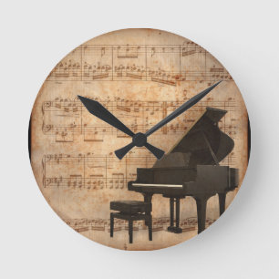 Horloge Ronde Piano à queue avec des notes de musique