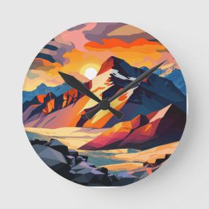 Horloge Ronde Pic vibrant : Une montagne enneigée au coucher du 