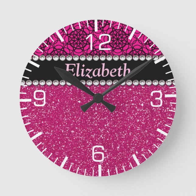 Horloge Ronde Pierres de parties scintillant rose et noir Motif (Recto)
