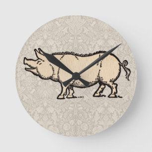 Horloge Ronde Pig Antique Piggy Cute Illustration Vintage