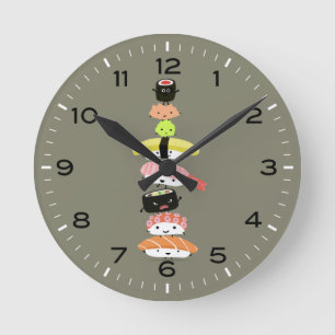 Horloge Ronde Pile de Sushi Personnages Kawaii de Sushi