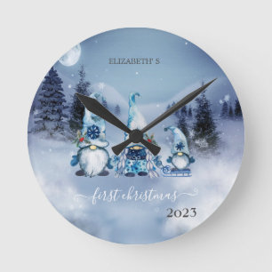 Horloge Ronde Pine Tree Fores, Gnomes Bleus Vacances