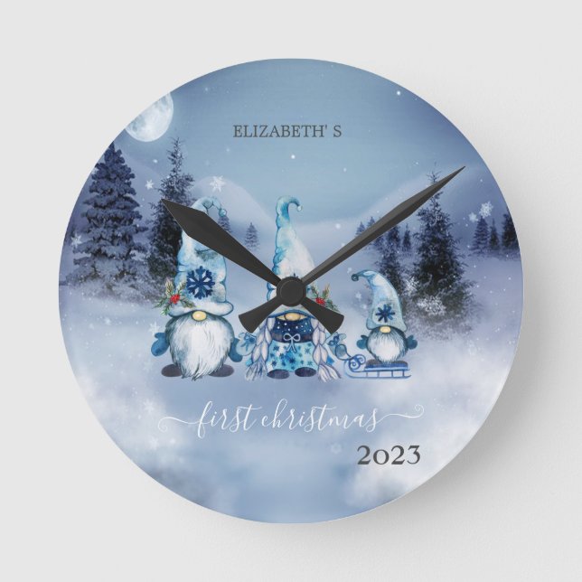 Horloge Ronde Pine Tree Fores, Gnomes Bleus Vacances (Recto)