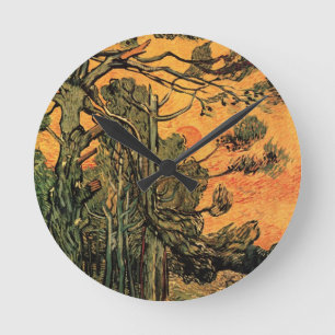 Horloge Ronde Pine Trees Red Sky Setting Soleil par Vincent van