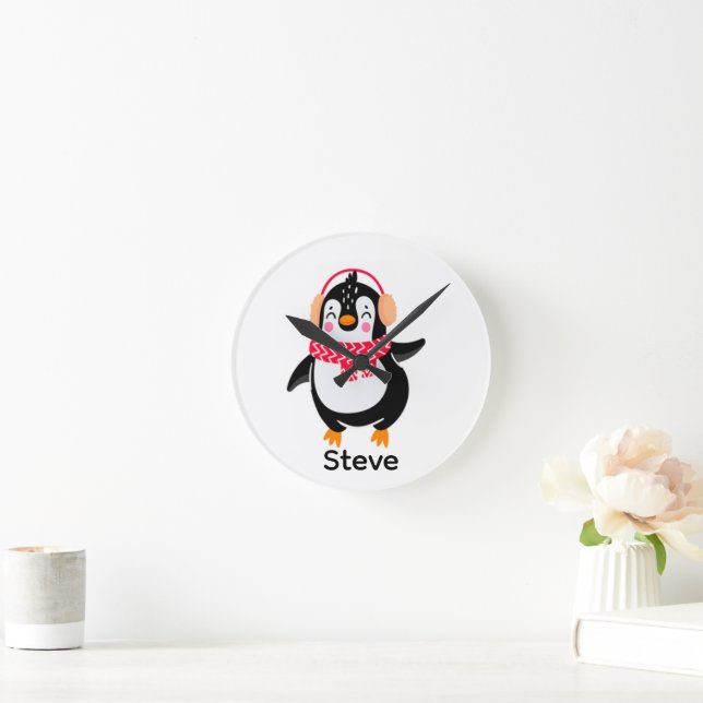 Horloge Ronde Pingouin de Noël Jolly en écharpe avec des bouffée (Maison)