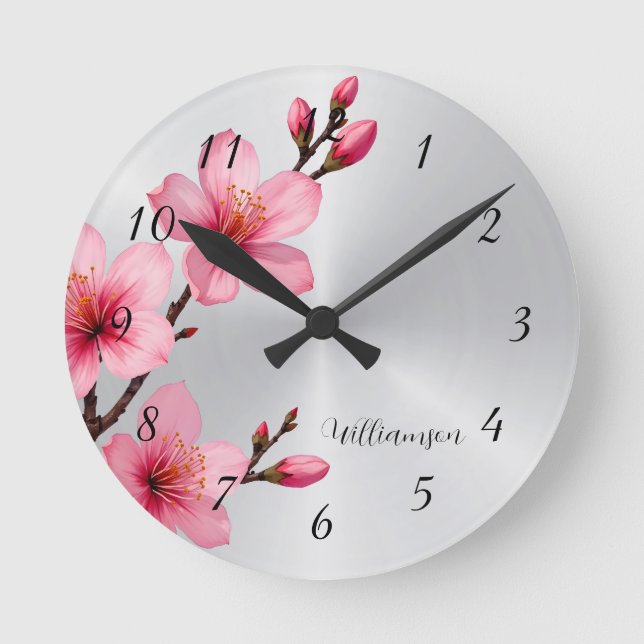 Horloge Ronde Pink Cherry Blossom Silver Foil Monogram (Recto)