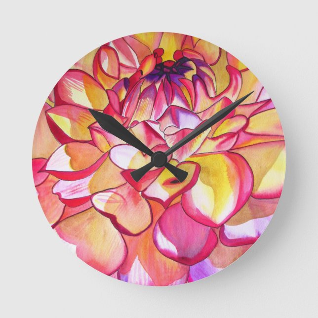 Horloge Ronde Pink Dahlia fleurs aquarelle art (Recto)