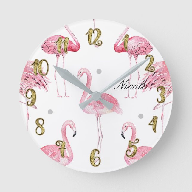 Horloge Ronde Pink Flamingos Grey Polka Dots (Recto)