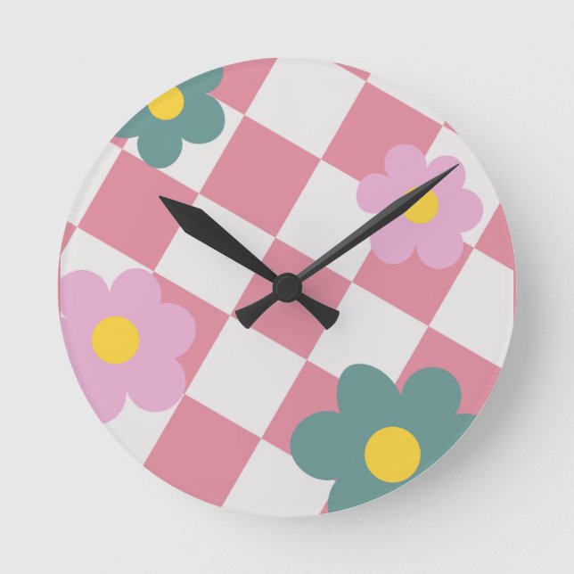 Horloge Ronde Pink Gingham Floral Pattern – Retro Cute Flower  (Recto)