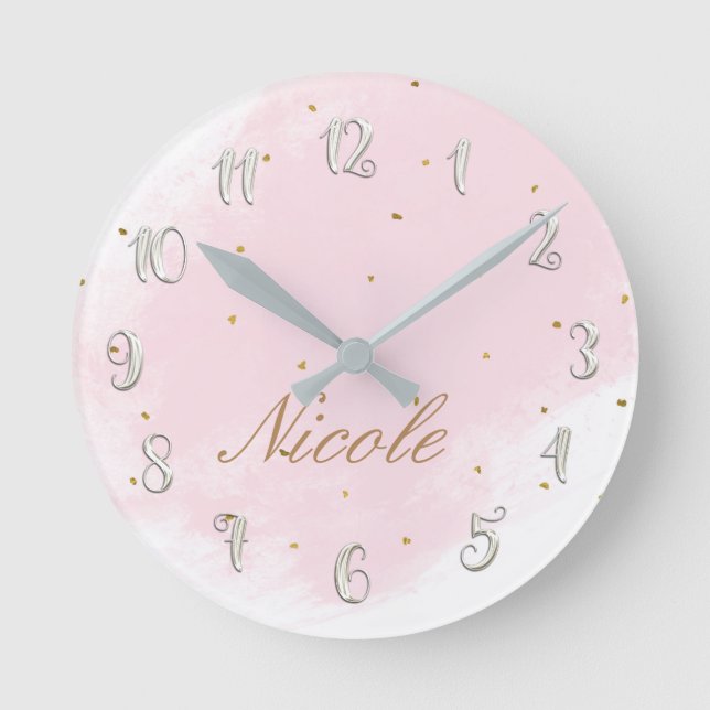 Horloge Ronde Pink & Gold Girly Glam Modern Personalized Name (Recto)