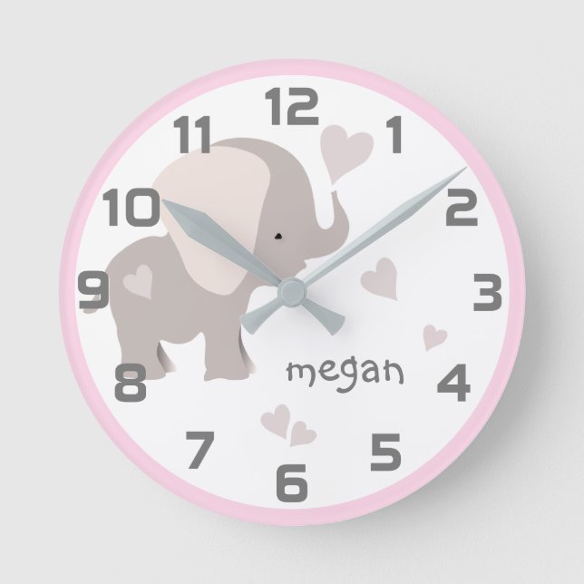 Horloge Ronde Pink Grey Elephant Heart (Recto)