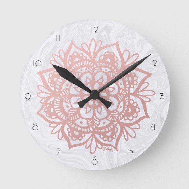 Horloge Ronde Pink Mandala Flower White Marble (Recto)