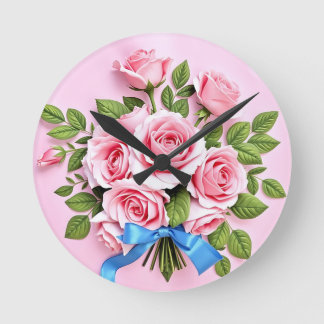 Horloge Ronde Pink Roses Bouquet Ribbon Illustration