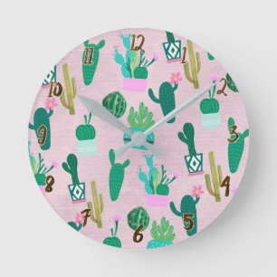 Horloge Ronde Pink Rustique Sud-Ouest Cactus Plantes