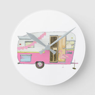 Horloge Ronde Pink She Shopping Vintage Camper Trailer