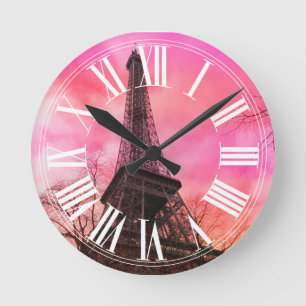 Horloge Ronde PixDezines paris rose/tour eiffel