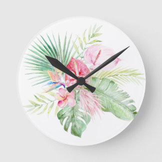 Horloge Ronde PixDezines Tropical Paradise Pastel Floral Foliage