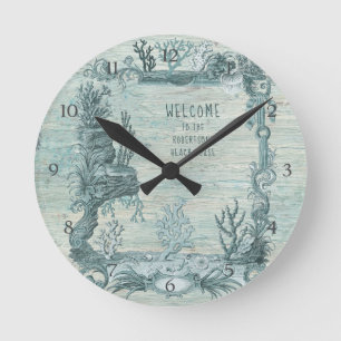 Horloge Ronde Plage Coral Côtier Océan Vie Vintage Bois rustique