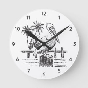 Horloge Ronde Plage D'Été Branchée Palm Tree Pelican Sur Un Post