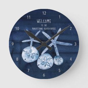 Horloge Ronde Plage Starfish Sand Dollar moderne Marine Bleu Boi