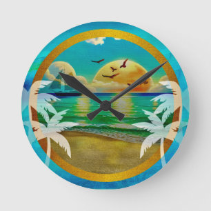 Horloge Ronde Plage Tropicale Moderne Palmiers Coucher de Soleil