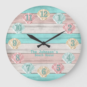 Horloge Ronde Plage Turquoise et coquillages de corail Grande ho