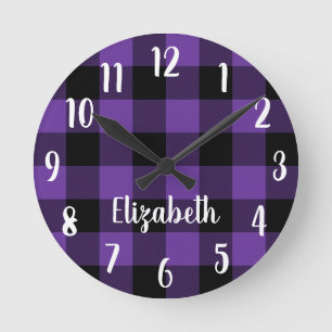 Horloge Ronde Plaid de buffle violet et noir personnalisé