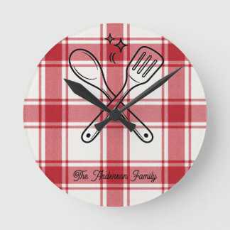 Horloge Ronde Plaid Red & White Custom Name Gift