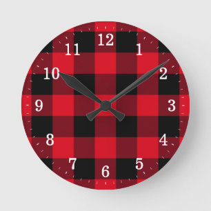 Horloge Ronde Plaid rustique de Buffalo rouge et noir