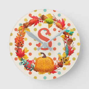 Horloge Ronde Plaisir automne citrouille wreath polka point turq