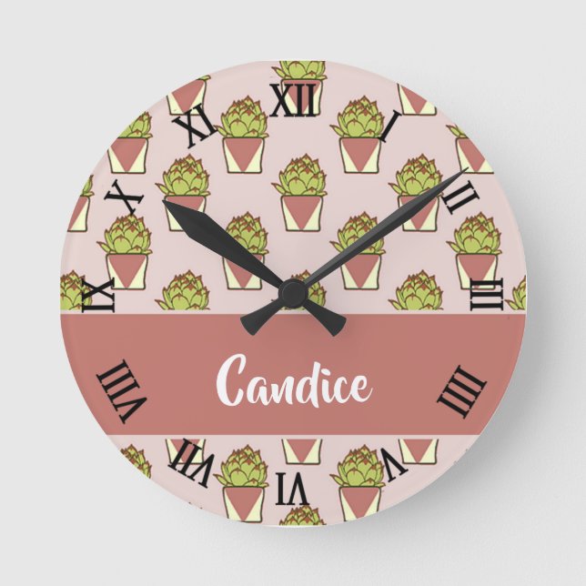 Horloge Ronde Plantes de cactus verts rose (Recto)