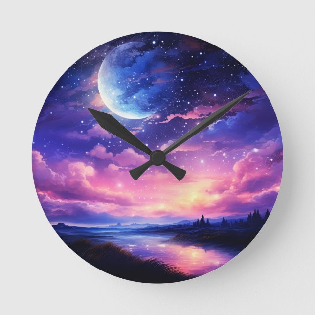 Horloge Ronde Pleine lune Céleste Étoiles Nuages Mystique Violet (Recto)