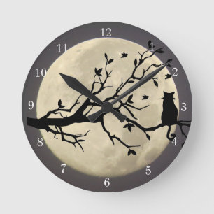 Horloge Ronde Pleine lune Chat Temps Whimsical