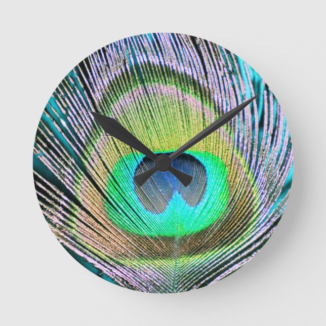 Horloge Ronde Plume de paon sur Turquoise (Recto)