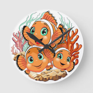 Horloge Ronde Poisson clown Dessin animé mignon Famille sous l'e