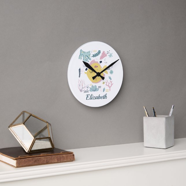 Horloge Ronde Poisson rose Jaune Personnalisé Sea Ocean Nursery (Bureau)