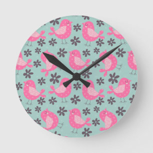Horloge Ronde Polka Dot Birds and Flowers