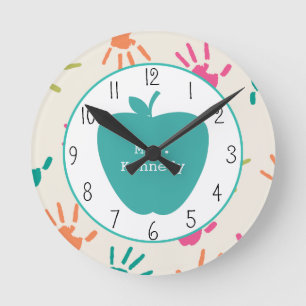 Horloge Ronde Pomme Turquoise Empreintes colorées Enseignant