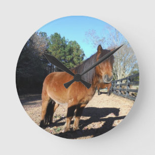 Horloge Ronde Poney brun ciel turquoise