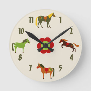 Horloge Ronde Ponies rétro colorées et chevaliers à fleurs
