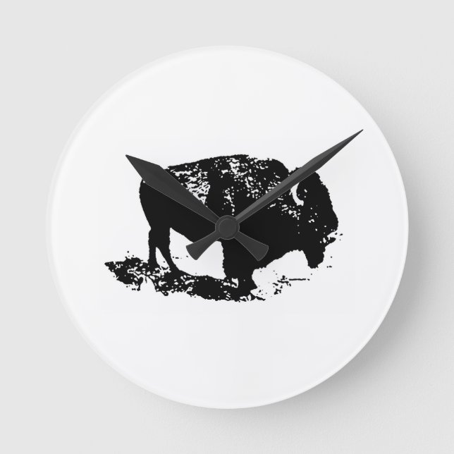 Horloge Ronde Pop Art Black White Buffalo Bison Silhouette (Recto)