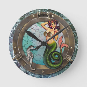 Horloge Ronde PORTHOLE MERMAID, sirènes d'art originales