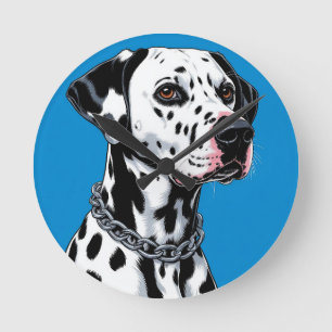 Horloge Ronde Portrait de chien dalmate sur fond bleu